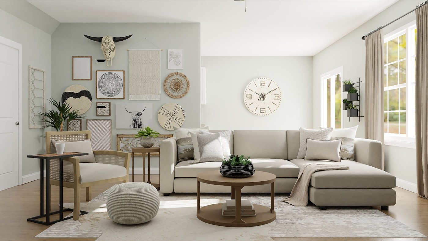 Salón luminoso con sofá chaise longue beige, madera y tejidos naturales
